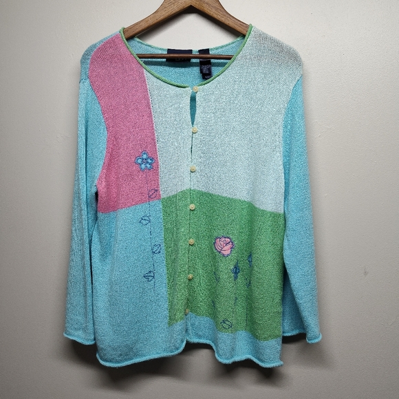 Crazy Horse By Liz Claiborne Knit Cardigan Sweater Women Size XL Blue Artsy Fall - Picture 1 of 8
